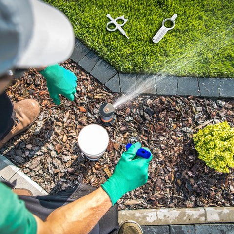 Person using Three Pack Sprinkler Adjustment Tools Kit For Hunter PGP MP And Rain Bird 5000 Heads Including Rotor Adjustment Tool And Wrench