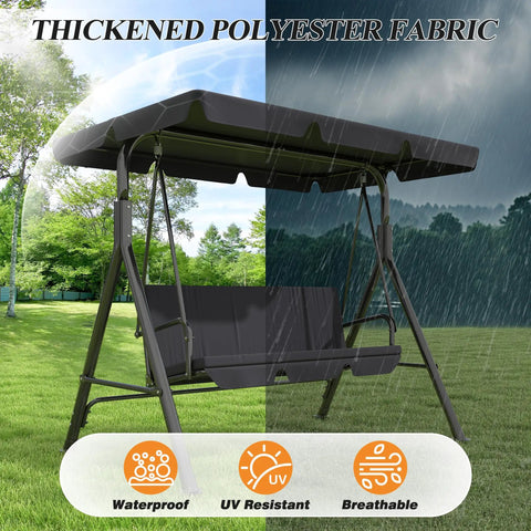 Product image of three-seat outdoor patio swing chair with adjustable canopy and durable steel frame for patio garden and poolside black finish.
