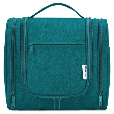 Large Hanging Toiletry Bag For Women And Men, Grab And Go Travel Makeup Organizer With Dry Wet Separation, closed view, teal color.