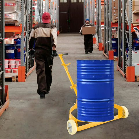 Heavy Duty 55 Gallon Oil Drum Hand Truck Hauler 1200 Lb Capacity Steel Barrel Roller Cart moving a blue drum in a warehouse aisle.