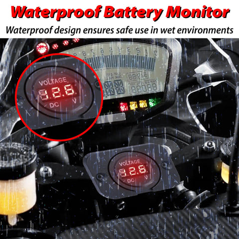 Straight Shooter DC 12V And 24V Digital Volt Gauge Meter displaying voltage in wet conditions on a dashboard.