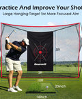 Golfer using Golf Practice Net Set 10x7ft Heavy Duty Net With Mat Target Cloth 6 Balls 8 Tees Rubber Tee And Carry Bag