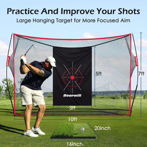Golfer using Golf Practice Net Set 10x7ft Heavy Duty Net With Mat Target Cloth 6 Balls 8 Tees Rubber Tee And Carry Bag