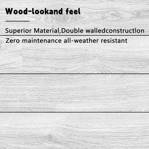 Wood-look panel with text on superior material, double-walled construction, zero maintenance, all-weather resistant.