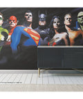 Justice League Alex Ross Peel and Stick Wall Mural Set, 108 Inch by 72 Inch Wallpaper Panels showing superhero artwork on wall