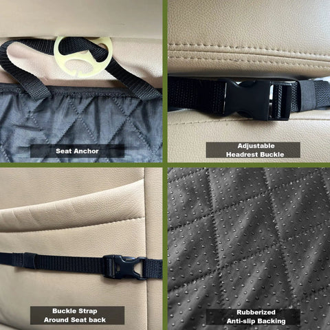 2 Pack Front Seat Cover For Dogs Waterproof Pet Car Seat Protector Nonslip Scratch Proof Dog Seat Cover For Cars Trucks And SUVs Fits Most Vehicles with seat anchor, adjustable headrest buckle, buckle strap, and rubberized backing.