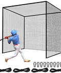 Heavy Duty Baseball Batting Cage Net 10x10x20 Feet With 10 Carabiners And 4 Tie Ropes Durable Nylon Indoor Outdoor Training Net For Home Backyard Practice One Piece Cage Design shown with batter and accessories.