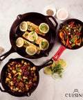 Cast Iron Skillet Set 8 Inch 10 Inch 12 Inch Pre Seasoned Frying Pans With Silicone Handle Grip Covers For Indoor Outdoor Use Oven Grill Stove BBQ Fire Induction Safe Kitchen And Camping Cookware with cooked food