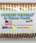 Package of 36 white short hexagonal pencils with erasers, labeled for golf and pew use, made in USA.