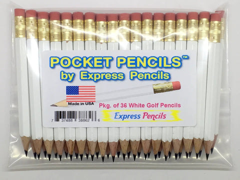 Package of 36 white short hexagonal pencils with erasers, labeled for golf and pew use, made in USA.