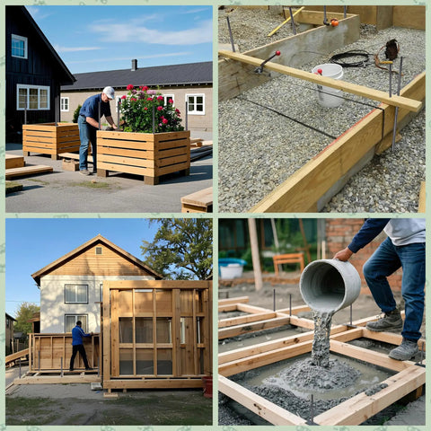 Collage of 16 Inch Rebar Stakes For Concrete And Garden Projects in use for fencing, garden beds, and concrete forms.