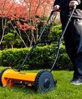 14 Inch Manual Push Reel Lawn Mower With 5 Blade Precision Cutting And Scissor Like Action For Clean Grass Snips, 4 Height Settings For Perfect Lawn Maintenance, Low Effort Yard Work, Quiet And Eco Friendly, orange steel mower on grass