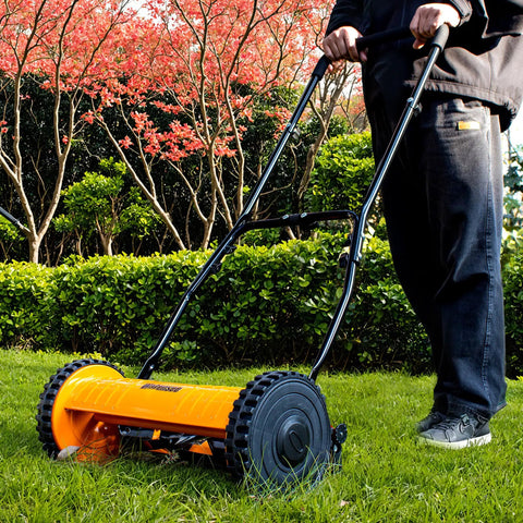 14 Inch Manual Push Reel Lawn Mower With 5 Blade Precision Cutting And Scissor Like Action For Clean Grass Snips, 4 Height Settings For Perfect Lawn Maintenance, Low Effort Yard Work, Quiet And Eco Friendly, orange steel mower on grass