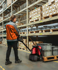Powerful 48-Volt Electric Pallet Jack For Smooth Moves Heavy Duty Forklift used in a warehouse aisle for easy handling of boxes.