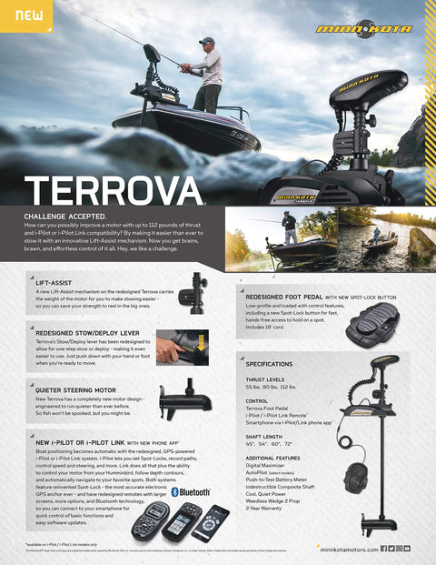 Heavy Duty Trolling Motor 55 Lb Thrust 54 Inch Shaft Bluetooth IPilot Remote Lanyard Heading Sensor on a fishing boat.