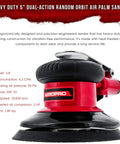 Heavy Duty 5 Inch Dual Action Random Orbit Air Palm Sander with PSA and Hook and Loop Backing Pads, side view, red and black design