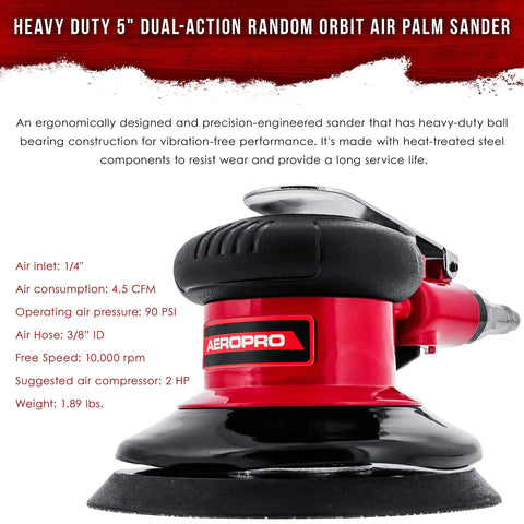 Heavy Duty 5 Inch Dual Action Random Orbit Air Palm Sander with PSA and Hook and Loop Backing Pads, side view, red and black design
