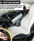 Go-To Universal Fit Waterproof Car Seat Cover With Neoprene on front seat, highlighting non-slip backing and integrated straps in car