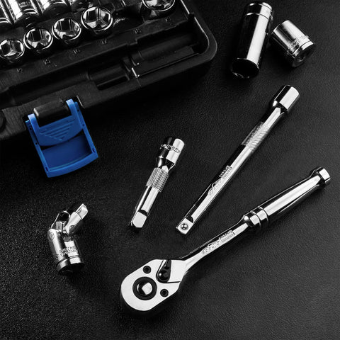 45 Piece Three Eighth Inch Drive Socket Set With 72-Tooth Pear Head Ratchet, Hardened Cr-V Steel, Chrome Plated, Mirror Finish