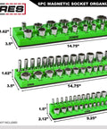 Magnetic Socket Organizer Set For Metric And SAE Drives With Quarter Inch And Three Eighths Inch And Half Inch Holders Green
