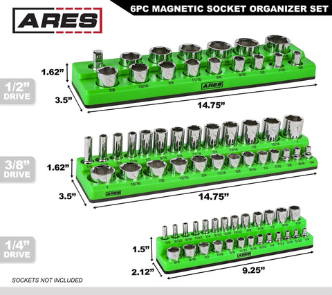 Magnetic Socket Organizer Set For Metric And SAE Drives With Quarter Inch And Three Eighths Inch And Half Inch Holders Green