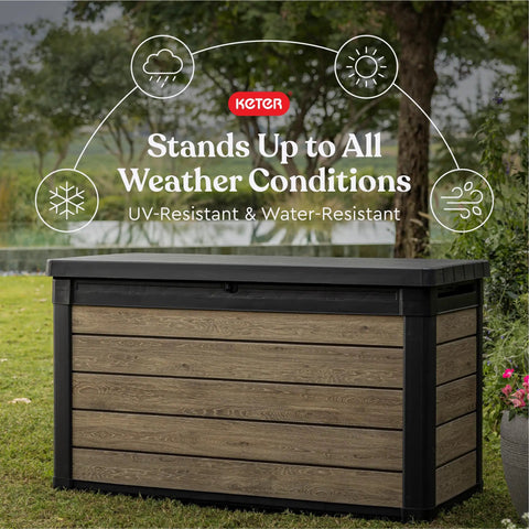 Real Deal All Weather Deck Storage Trunk With 100 Gallon Heavy Duty Resin For Patio Outdoor Cushions Yard Gear And Pool Supplies Ashwood Finish