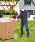 Man using Upgraded HVLP Paint Sprayer with LED Light, 1200ml cup, 3 nozzles and spray patterns on cabinet outdoors