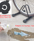 Space Saving Bike Rack Stand For Mountain And Road Bikes, Adjustable Width, close-up view of adjustable rubber feet with bike wheel