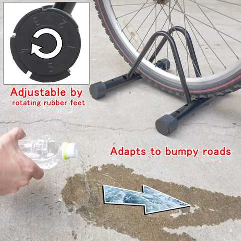 Space Saving Bike Rack Stand For Mountain And Road Bikes, Adjustable Width, close-up view of adjustable rubber feet with bike wheel