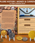 Pirate Treasure Dig Kit for Kids 6 and Up, Uncover 16 Plus Realistic Ancient Coin Replicas, Fool's Gold and Pirate Charms, STEM Archaeology Craft for Necklace Making, Coin Collecting Gift for Curious Explorers showing history and BC AD learning book