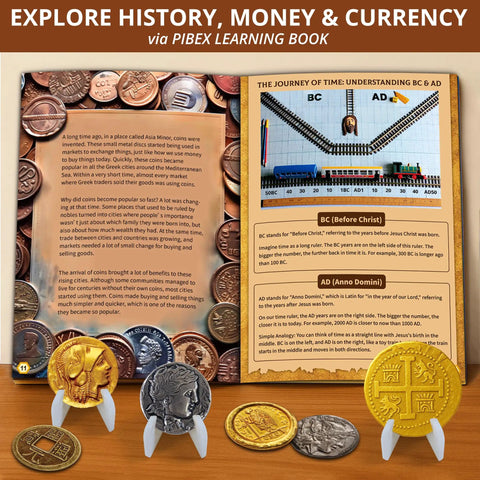 Pirate Treasure Dig Kit for Kids 6 and Up, Uncover 16 Plus Realistic Ancient Coin Replicas, Fool's Gold and Pirate Charms, STEM Archaeology Craft for Necklace Making, Coin Collecting Gift for Curious Explorers showing history and BC AD learning book
