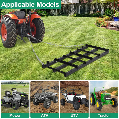 Beefy Heavy Duty 4 Ft Driveway Grader Power Rake with 4 Ft Chain attached to a tractor, suitable for ATV, UTV, and mower use