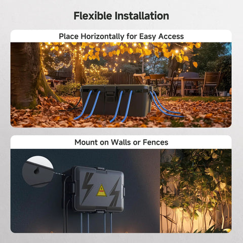 Badass Weatherproof Outdoor Electrical Box Secures Power Strips Extension Cords And Plugs, shown mounted on a wall.
