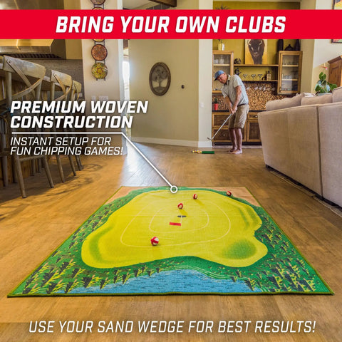 Chip N Stick Golf Game Kit with 1 Chip N Stick Mat, 16 Balls, and Chipping Mat for 1 to 4 Players in a living room setup