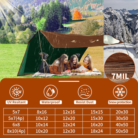 5x7 Ft Waterproof Tarp Built With 7 Mil Thick Poly, green and brown, used as a rain shelter with women sitting underneath in nature