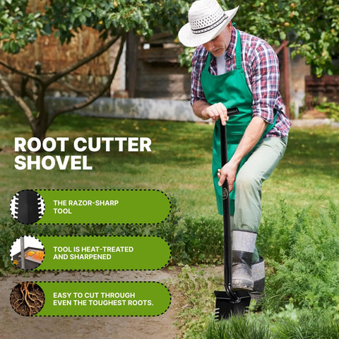 Person using Heavy Duty Metal Detecting Shovel With Double Serrated Blade For Treasure Hunting And Root Cutting T Handle Spade Ideal For Gardening And Excavation And Professional Metal Detector Accessories on garden soil.