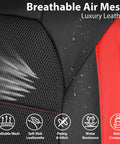 Close-up of black and red Leather Car Seat Covers Sport Edition, showing breathable mesh and water resistance