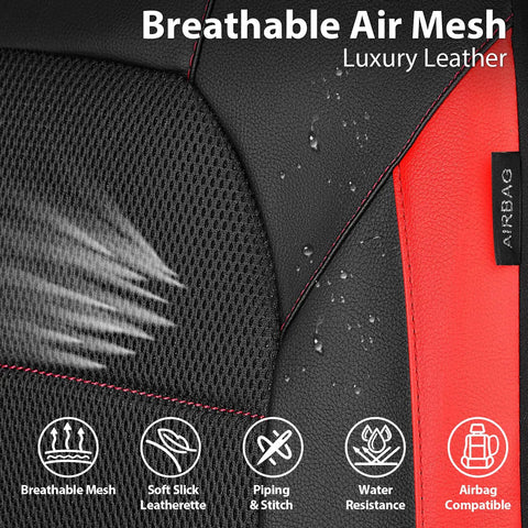 Close-up of black and red Leather Car Seat Covers Sport Edition, showing breathable mesh and water resistance
