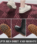 Close-up of All Season Waterproof Front Door Mat With Drainage Holes For Indoor Outdoor Use Heavy Duty Non Slip Doormat in red