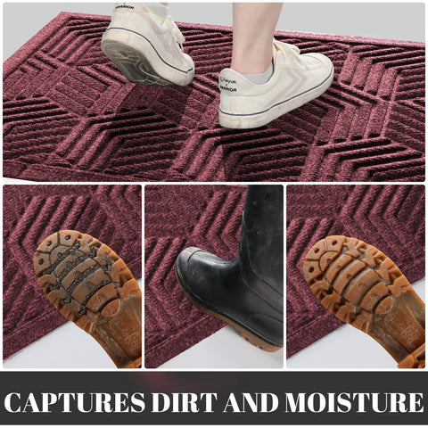 Close-up of All Season Waterproof Front Door Mat With Drainage Holes For Indoor Outdoor Use Heavy Duty Non Slip Doormat in red