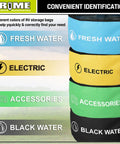 Image of Four Pack Waterproof RV Hose Bags And Utility Storage Set, color-coded: blue fresh water, yellow electric, green accessories, black water.