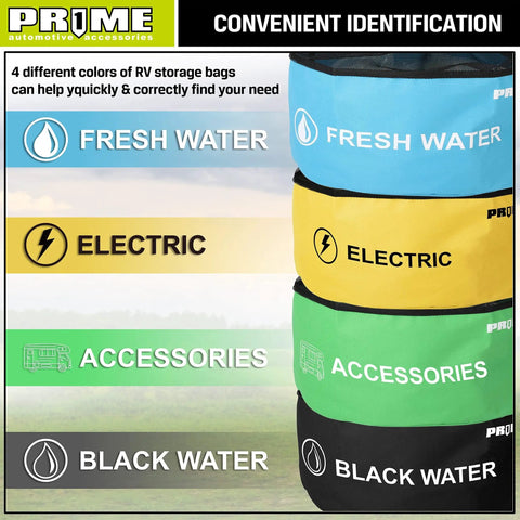 Image of Four Pack Waterproof RV Hose Bags And Utility Storage Set, color-coded: blue fresh water, yellow electric, green accessories, black water.