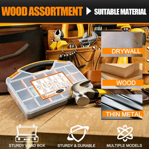 1020 Piece High Hardness Wood Screws Assortment Kit With 13 Sizes for Wood and Drywall, galvanized Phillips flat head box