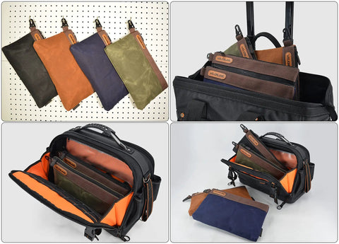 Four Pack 12 Inch Waxed Canvas Tool Pouches with zippers in black, brown, blue, green colors in a black storage bag