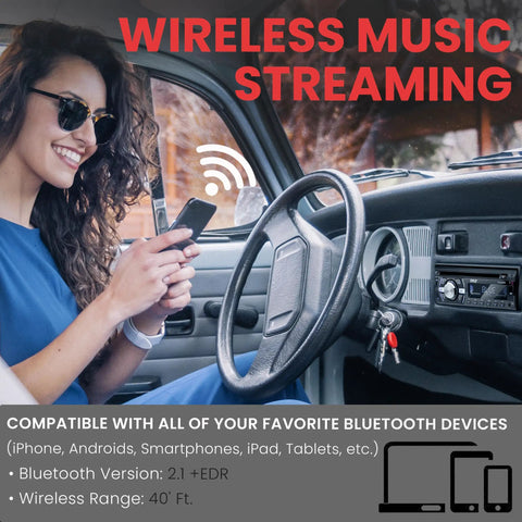Woman using Boat Bluetooth Marine Stereo Receiver with Wireless Music Streaming and Hands Free Calling in car dashboard