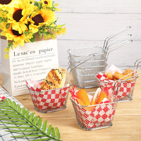 12 Piece Mini Square Fry Basket Set For Home Kitchen Deep Fryer With Handles Chrome Plated Steel displayed with food