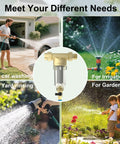Spin Down Garden Hose Sediment Filter With Three Quarter Inch GHT Connector Reusable 40 100 200 Micron Stainless Mesh Inline Water Filter for RV Camping Pressure Washer And Car Wash shown in various garden and car wash settings.