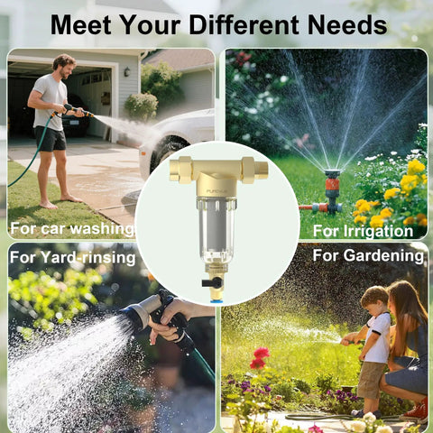 Spin Down Garden Hose Sediment Filter With Three Quarter Inch GHT Connector Reusable 40 100 200 Micron Stainless Mesh Inline Water Filter for RV Camping Pressure Washer And Car Wash shown in various garden and car wash settings.