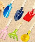 12 Piece Kids Beach Toys Set With Metal Shovels Rakes Forks And Wooden Handles For Sand Play shown on sand