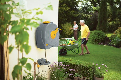 Wall Mounted Garden Hose Reel With Auto Rewind And Forty Meter Water Hose Featuring Quick Slide Guide Lightweight Carry Handle No Sweat Gardening Durable Storm Proof Shell Built To Impress